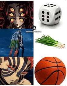 a collage of pictures of a person , a dice , green onions , a basketball and a dice .