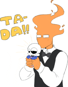 a cartoon drawing of a man holding a skull and the words ta da