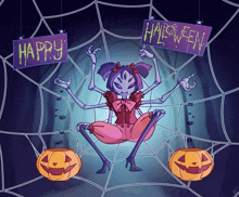 a cartoon of a spider with a sign that says happy halloween