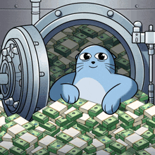 a cartoon cat is sitting in a vault filled with stacks of money