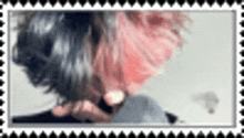 a blurred picture of a person with pink hair and black hair