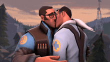 a couple of men kissing with one wearing a jacket with a c on it