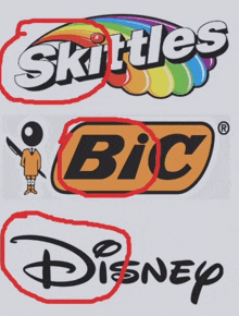 a picture of skittles bic and disney logos with red circles around them