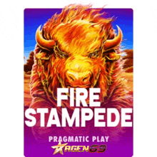 a poster for a game called fire stampede with a picture of a bull on it