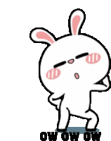 a cartoon rabbit is standing on its hind legs and says ow ow ow