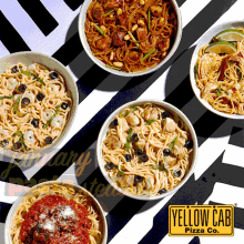 several bowls of noodles with a yellow cab pizza co. logo in the background