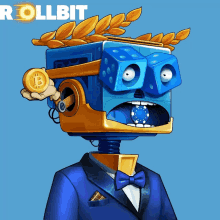 a cartoon drawing of a robot holding a bitcoin