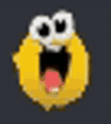 a pixel art smiley face with its mouth open and a red tongue sticking out .