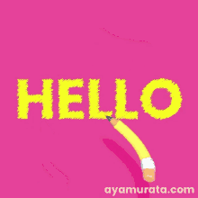 a blue marker and a yellow pencil with the word hello written on a pink background