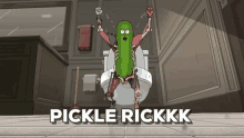 a cartoon of a pickle sitting on a toilet with the words pickle rickkkk below it