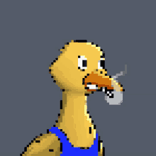 a pixel art drawing of a duck with a cup in its beak