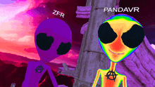 a purple alien and an orange alien with pandavr written on the bottom