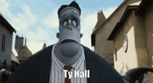 a cartoon character says ty hall in front of a city