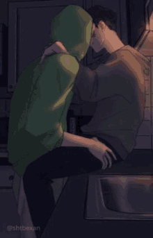 a drawing of two men hugging each other in a kitchen . one of the men is wearing a green hoodie .