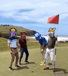 a group of men are playing golf on a green field .