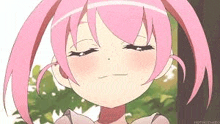 a close up of a pink haired anime girl making a funny face .