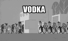 a black and white cartoon shows a line of people walking in front of a building with the word vodka above them