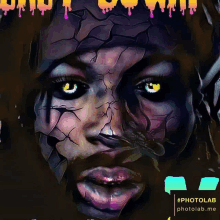 a painting of a woman 's face with yellow eyes and the words photolab