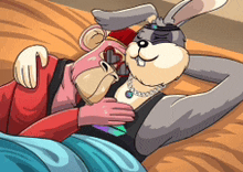 a cartoon of a rabbit laying on a bed with a mouse