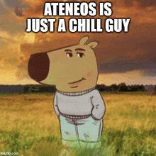 a cartoon character is standing in a field with the caption " ateneo is just a chill guy "