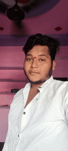 a man with a red dot on his forehead poses for a picture