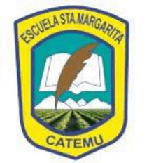 the logo for escuela sta margarita catemu is a shield with a feather and a book on it .