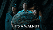 a group of people holding a large walnut with the words " it 's a walnut " on the bottom