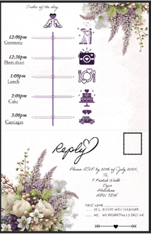 a wedding invitation with purple flowers and the words reply