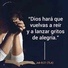 a woman praying with a quote from job 8:21