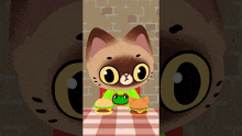 a cartoon cat is sitting at a table with two hamburgers and a frog on his shirt