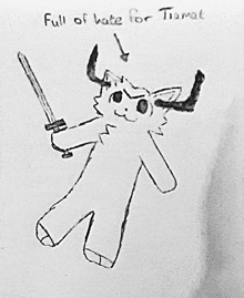 a black and white drawing of a cat with horns holding a sword and the words full of hate for tiamat below it