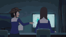 a cartoon of two girls talking in front of a monitor that says ' tokyo ' on it