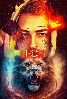 a poster of a man and a lion with the word leon on it