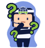 a cartoon illustration of a man with a headset and question marks