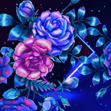 a painting of pink and blue roses with a blue triangle in the middle