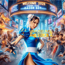 a poster shows a woman in a blue dress and says welcome 2025 coming soon gacor sot