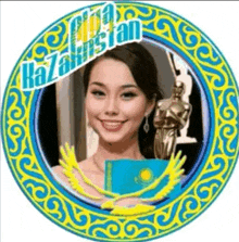 a picture of a woman in a blue and yellow circle with the word kazakhstan on it