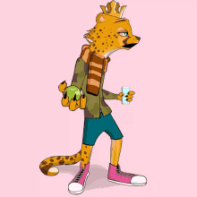 a cartoon cheetah with a crown on his head holding a tennis ball and a glass of water