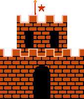 a pixel art of a brick castle with a star on top