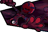 a pixel art drawing of a monster holding a red ball and a red hand .