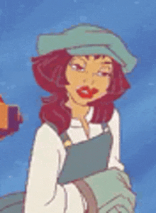 a cartoon woman wearing a hat and overalls is standing next to a man .