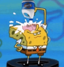 a cartoon of spongebob holding a clorox bottle in his hand .