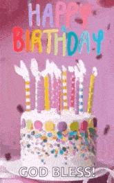 a birthday cake with candles and sprinkles on it and the words `` happy birthday god bless '' .