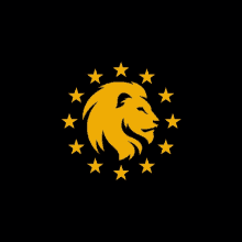 a gold lion is surrounded by gold stars on a black background