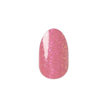 a pink nail with a lot of glitter on it .