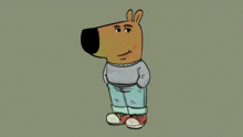 a cartoon drawing of a brown bear wearing a sweater and jeans