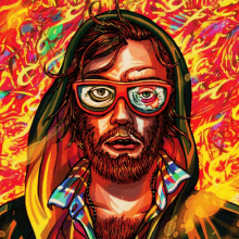 a colorful painting of a man with glasses and a hood