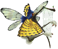 a blue and yellow butterfly with a harp in its mouth