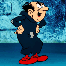 a cartoon character wearing a black robe and red shoes is standing with his hands on his hips