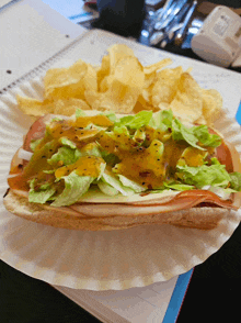 a paper plate with a sub sandwich and potato chips on it